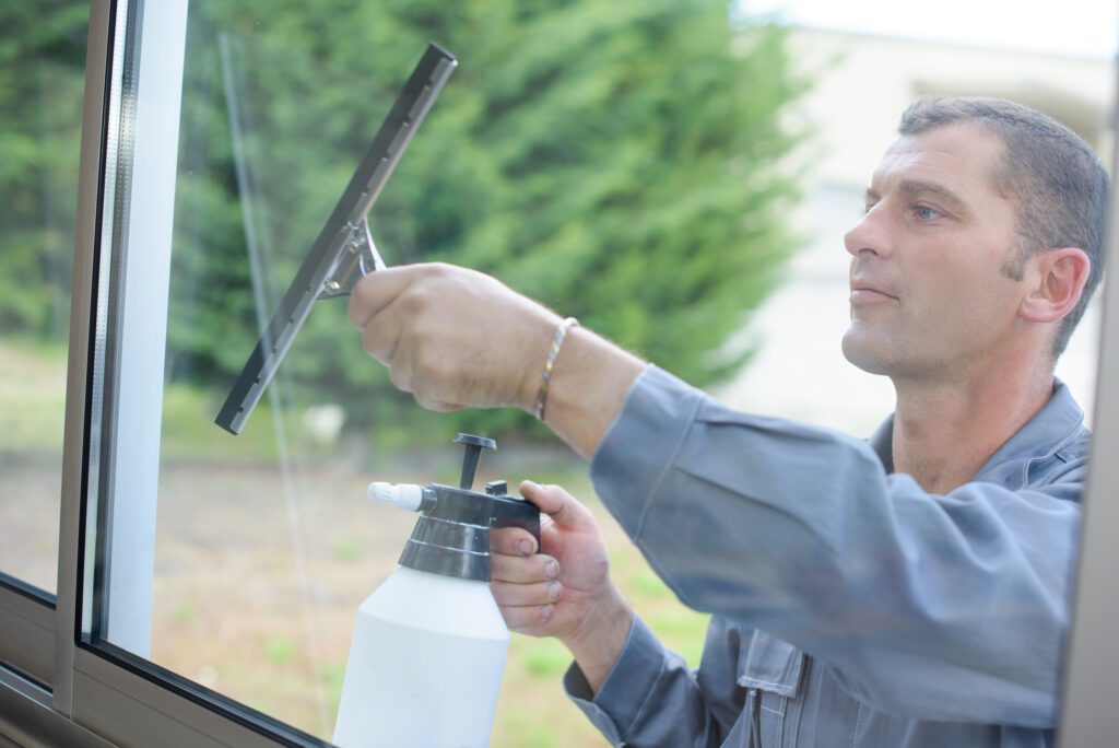 man cleaning windows with different powder coating types